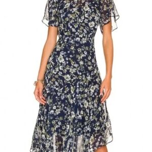 ASTR the Label Flutter Sleeve Maxi Dress Floral Blue Green Asymmetrical
